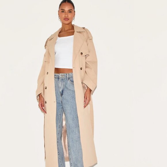 NWT Prettylittlething Plus size Khaki Panel Detail Belted Trench Coat. - Picture 1 of 7